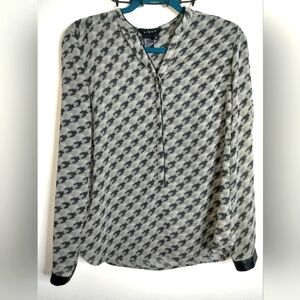 Light (Size S) Multicolored Semi-Sheer Houndstooth LS Faux Leather Trim Blouse